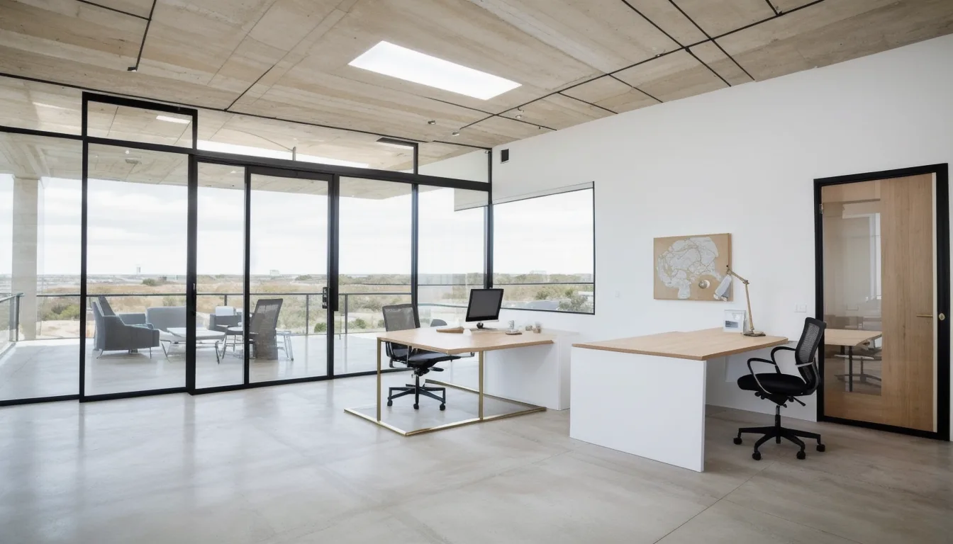 Side-by-side workspace showing an architect reviewing structural blueprints with engineering calculations on one desk, and a commercial interior designer presenting a space plan with material samples, finish boards, and furniture layouts on another. Both professionals collaborate in a modern San Antonio Texas design studio, representing the complementary roles of architecture and commercial interior design in a tenant improvement project.