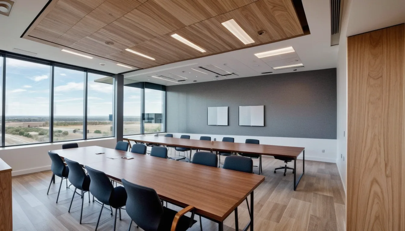 Business owner and commercial real estate broker reviewing a lease agreement at a conference table in a modern San Antonio Texas office, with tenant improvement allowance terms highlighted in the document. A commercial interior design space plan is spread across the table showing the proposed buildout layout, representing the negotiation process for TI allowance on a commercial lease.