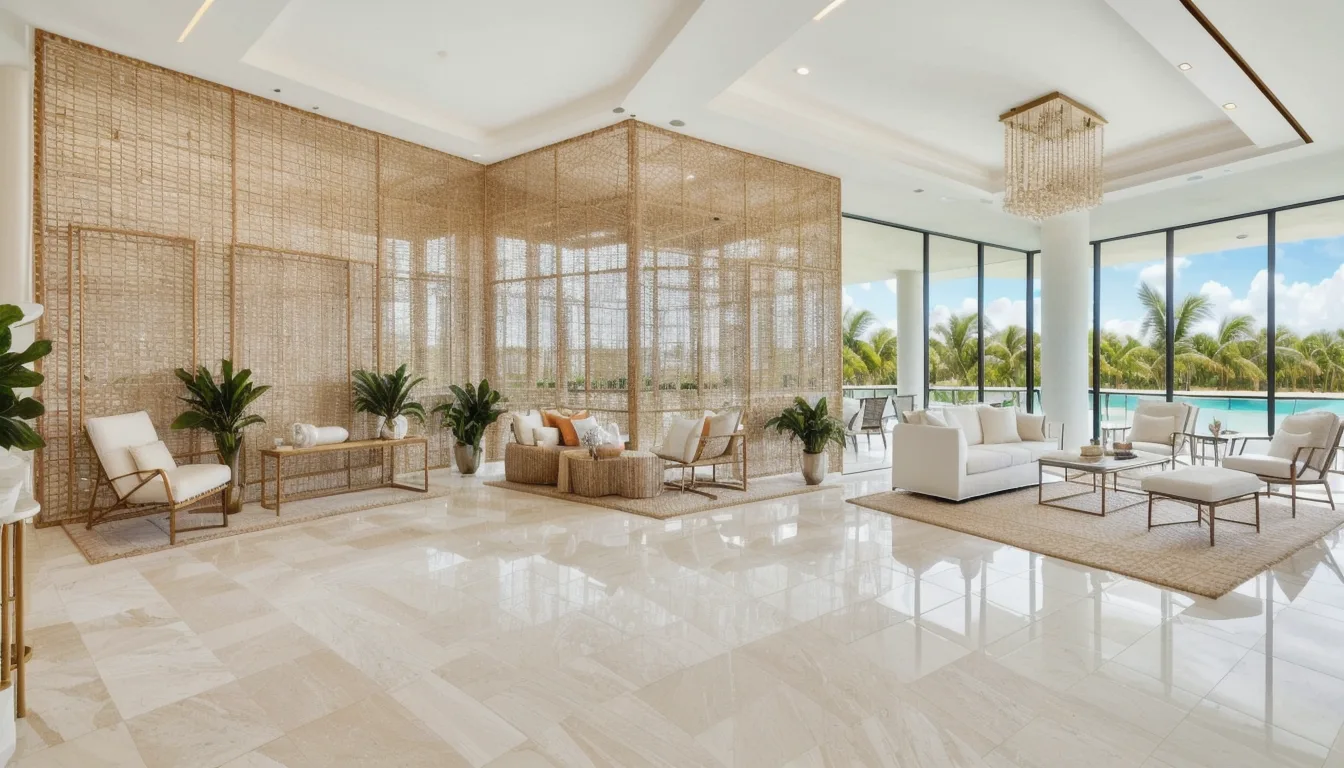 Modern commercial interior design project in Miami Florida showing a luxury retail boutique with warm tropical lighting, polished concrete floors, custom millwork displays, and floor-to-ceiling glass storefront overlooking Brickell Avenue. The space features a clean contemporary aesthetic adapted for South Florida's humid climate and upscale market, with accent greenery, white walls, and bold brand colors integrated into the design.