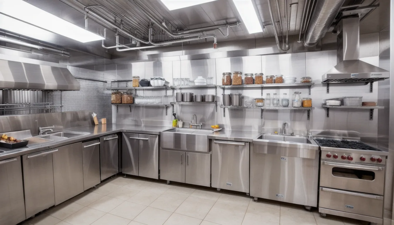 Commercial restaurant kitchen under construction in Texas showing stainless steel hood installation over a cooking line, floor drain placement, hand washing sink mounted near food prep area, and ceramic tile walls meeting coved base requirements. A commercial designer reviews the health code compliance checklist on a tablet while inspecting the kitchen layout for a Texas Department of State Health Services pre-opening inspection.