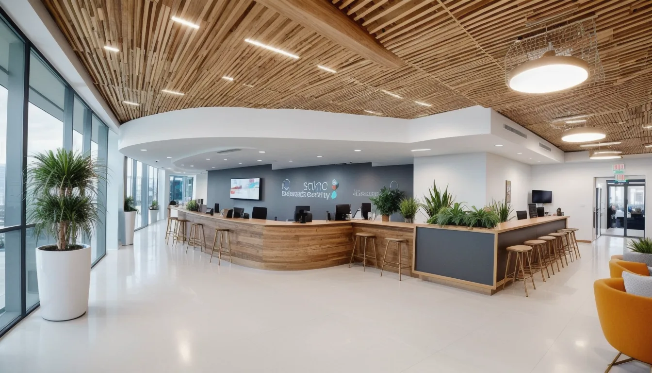 Modern professionally designed commercial office interior in San Antonio Texas showing an open collaborative workspace with custom millwork reception desk, branded wall graphics, ergonomic workstations, natural lighting through floor-to-ceiling windows, and a branded conference room visible through glass partitions. The space conveys professionalism and attracts both employees and clients, representing the business return on investment of quality commercial interior design.