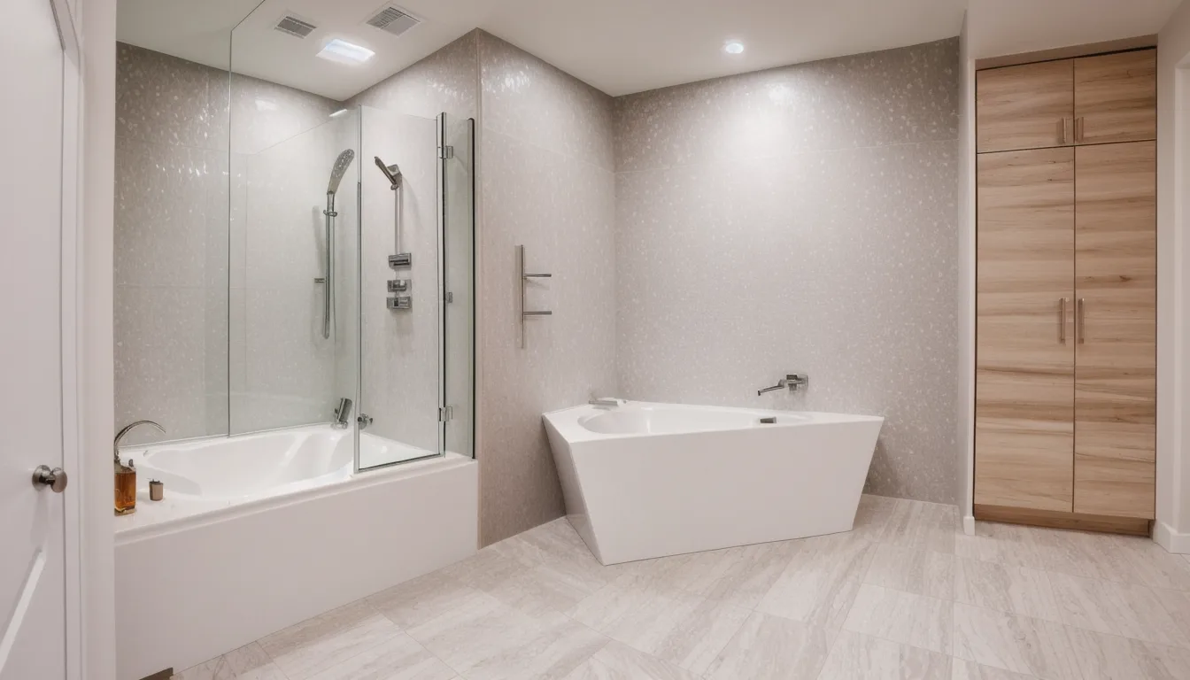 Luxury med spa interior in San Antonio Texas featuring a serene treatment room with soft warm lighting from recessed ceiling fixtures, custom millwork treatment bed surround, acoustic panels in neutral linen fabric, polished porcelain tile floors with a warm grey undertone, and a backlit product display wall showcasing skincare products. The design communicates clinical professionalism through clean surfaces and intentional layout while evoking a luxury spa experience through material quality, lighting warmth, and spatial calm.