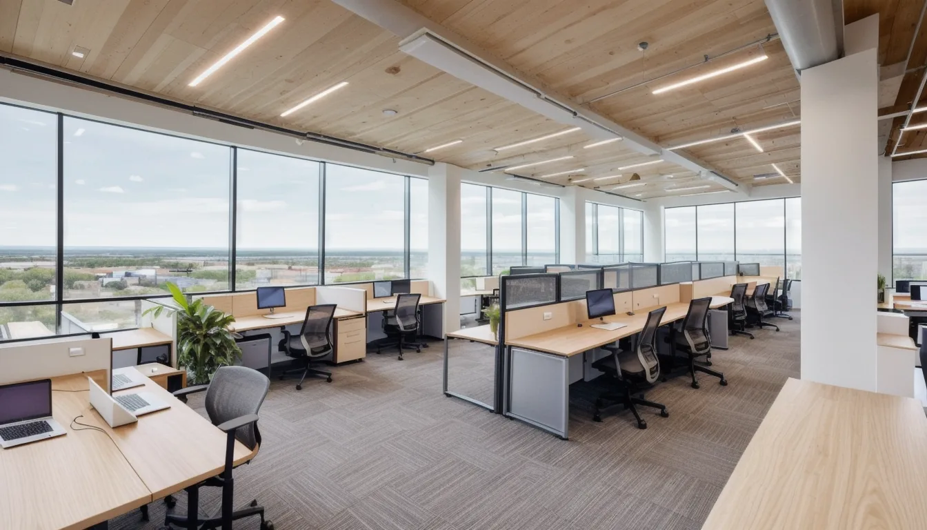 Modern commercial office interior in Texas featuring a hybrid workplace design with a mix of enclosed focus rooms with glass fronts, open collaboration tables, lounge seating with power access, a standing-height bar counter along a window with views of the San Antonio skyline, and a branded accent wall with the company logo. The space reflects 2026 Texas office design trends including acoustic privacy zones, warm material palettes, and flexible furniture systems replacing fixed workstations.