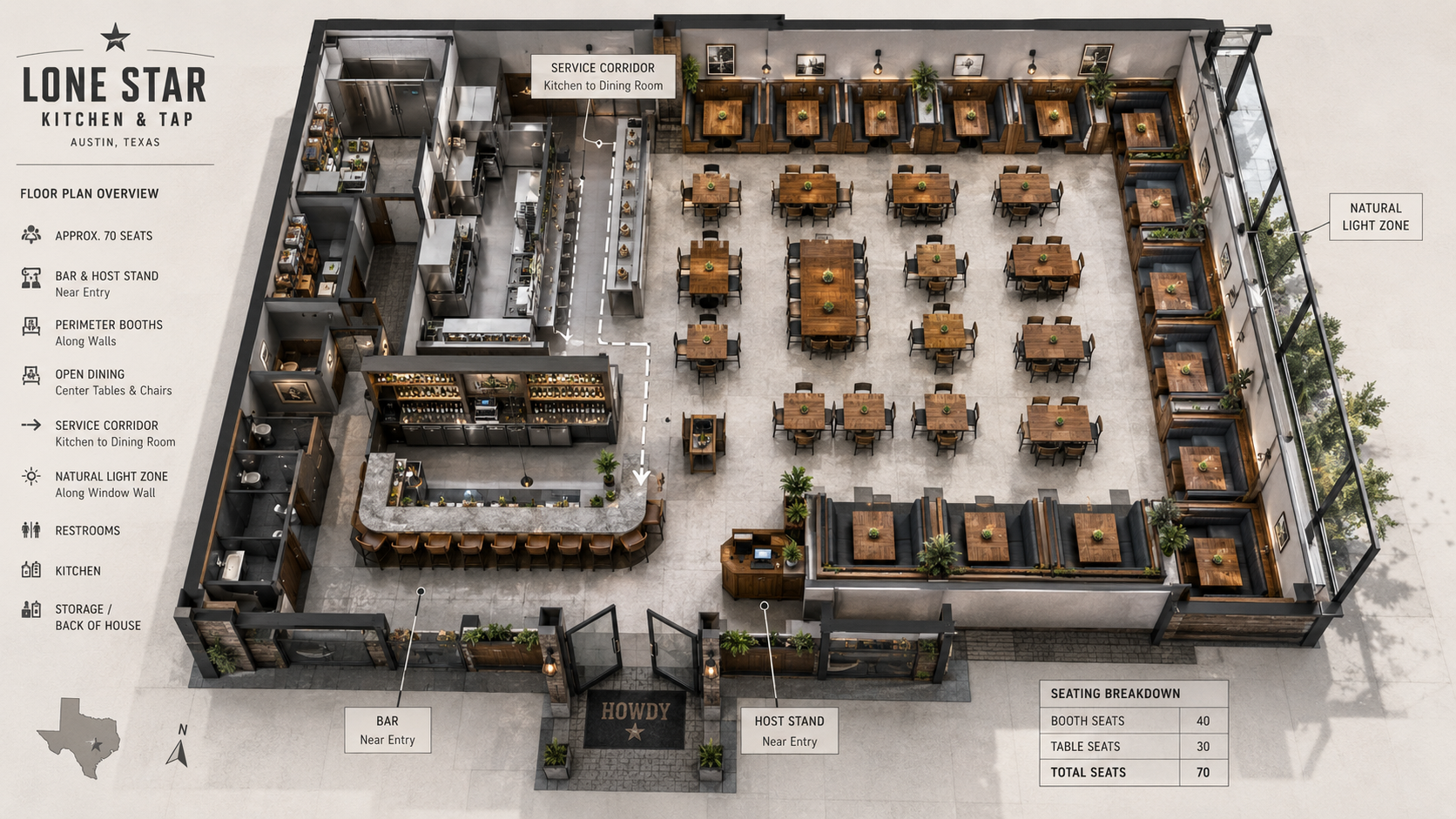 Restaurant layout design floor plan Texas - Lone Star Kitchen and Tap Austin showing dining zones, bar, kitchen workflow, and seating capacity